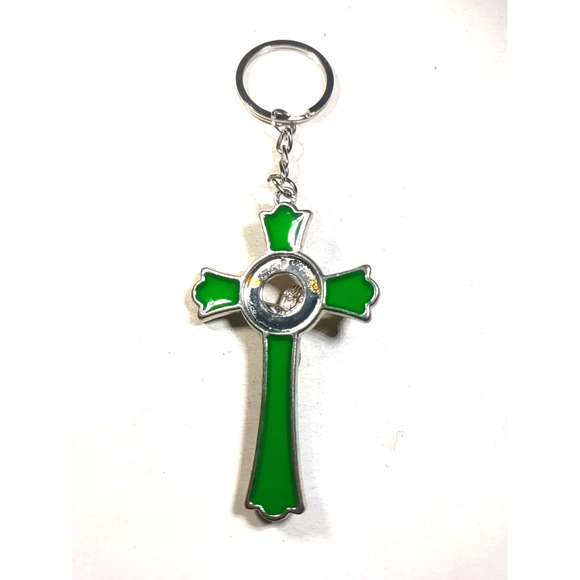 INRI Jesus Cross Keychain Green Enamel Silver Tone 4" Long Religious - Picture 3 of 7